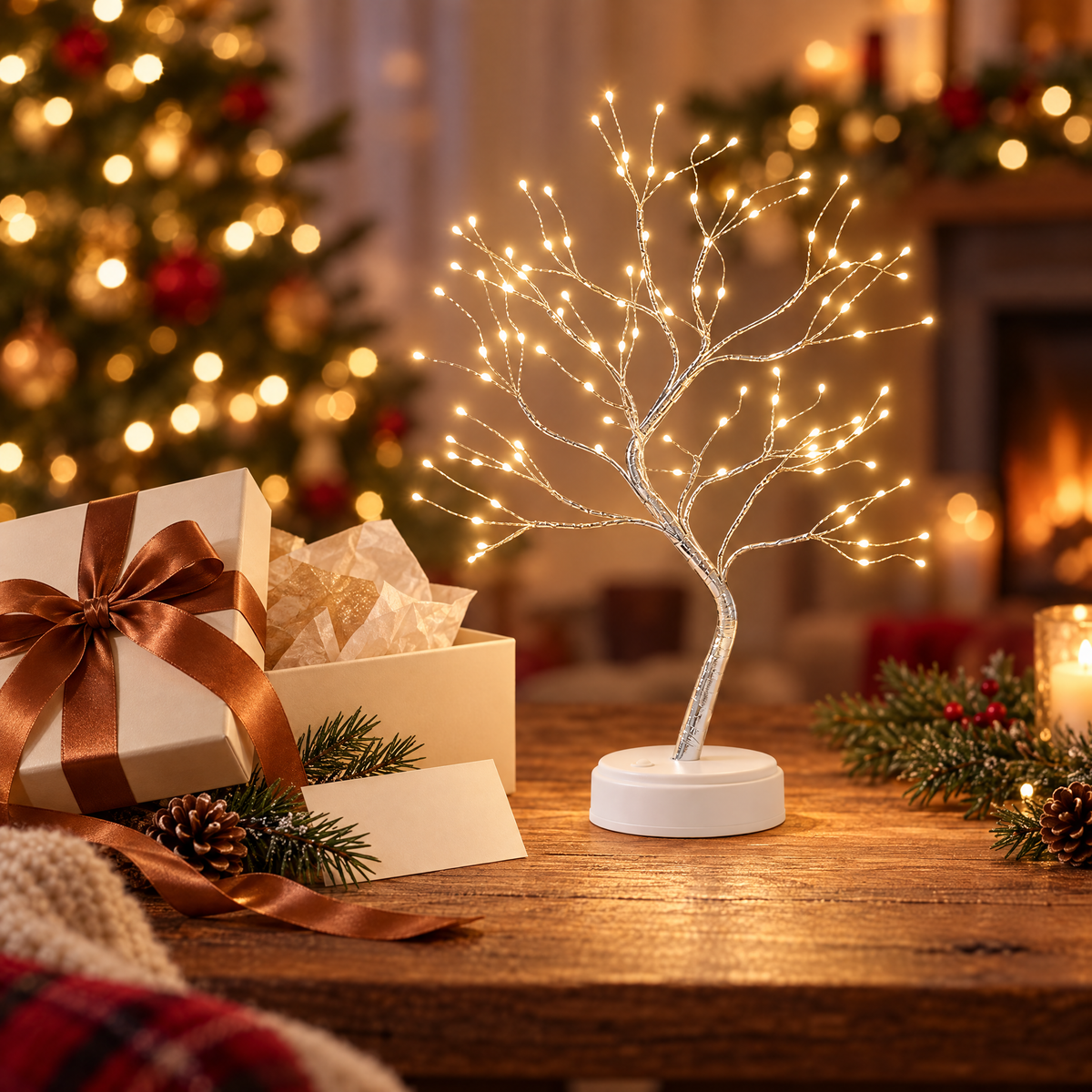 Arbre lumineux Feuillée à côté d'un paquet cadeau