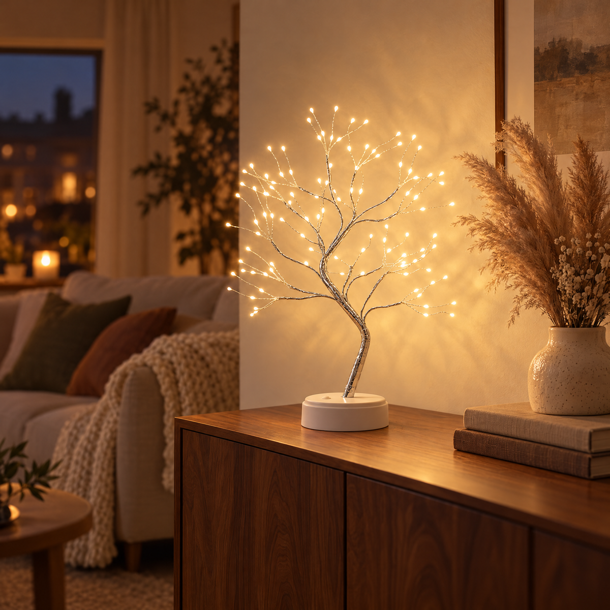 Arbre lumineux Feuillée sur un buffet dans un salon